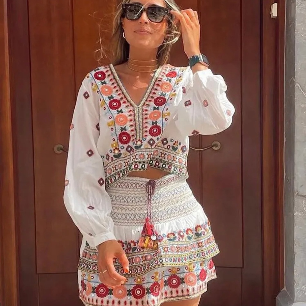 Zara White Boho Embroidered Top